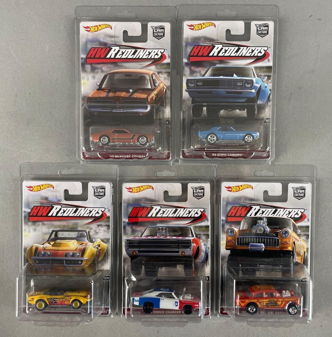 Set of 5 Mattel Hot Wheels HW Redliners Die-Cast Vehicles: Includes 55 bel air, 70 charger