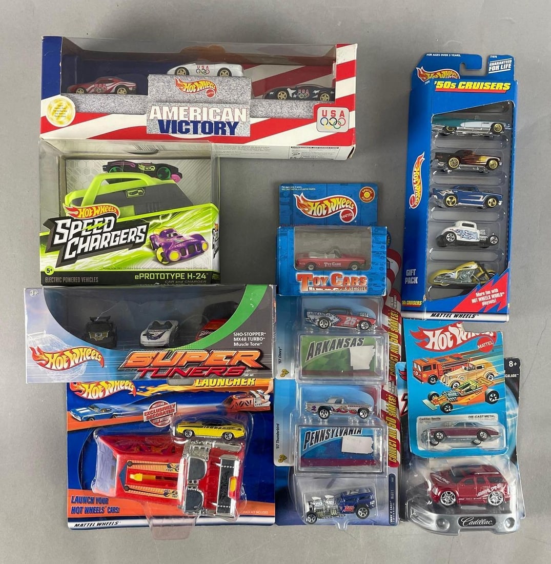Group of Mattel Hot Wheels Die-Cast Vehicles: Includes gift pack, power launcher, super tuners