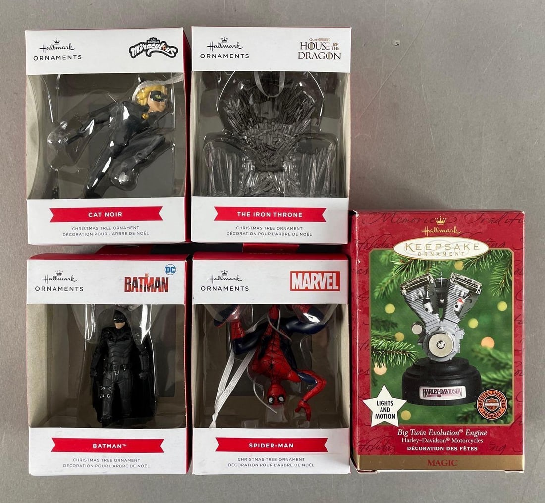 Group of Hallmark Pop Culture Christmas Ornaments: Includes Batman, Spider-Man, game of thrones