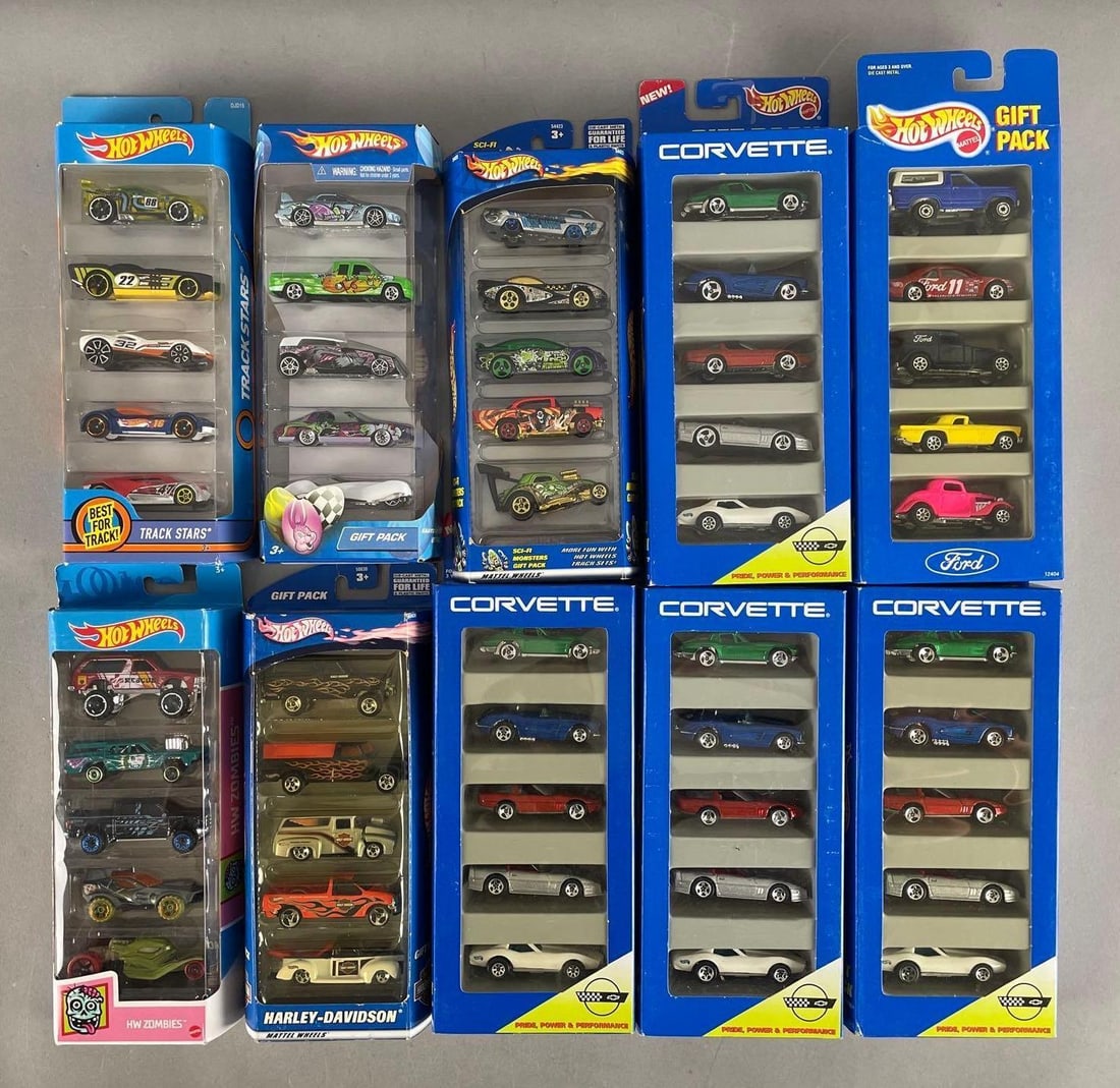 Group of Mattel Hot Wheels Die-Cast Vehicle Gift Packs: Includes Harley Davidson, corvette