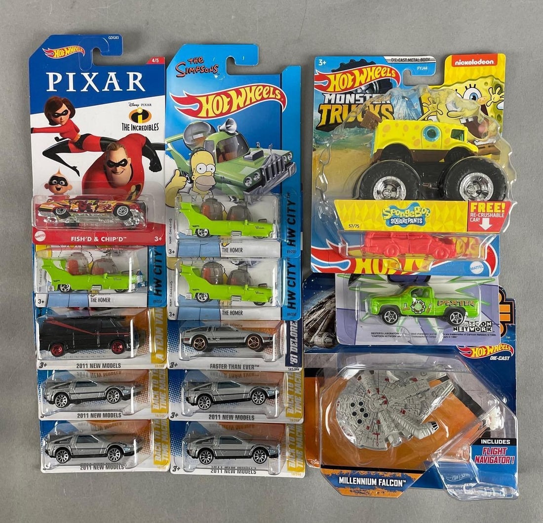 Group of Mattel Hot Wheels Pop Culture Die-Cast Vehicles: Includes DeLorean, Star Wars Millennium falcon