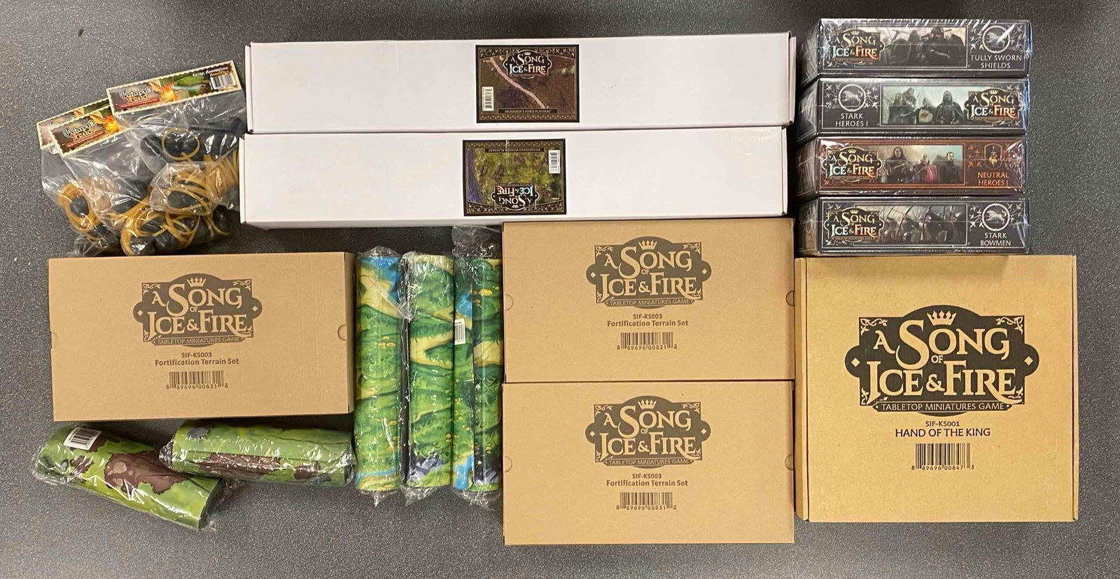 Group of ASOIAF Tabletop Miniature Items and More: A Song Of Ice and Fire, Includes playmats, miniatures, fortifications and more, largest box measures 12” H x 12” W x 4 1/2” D