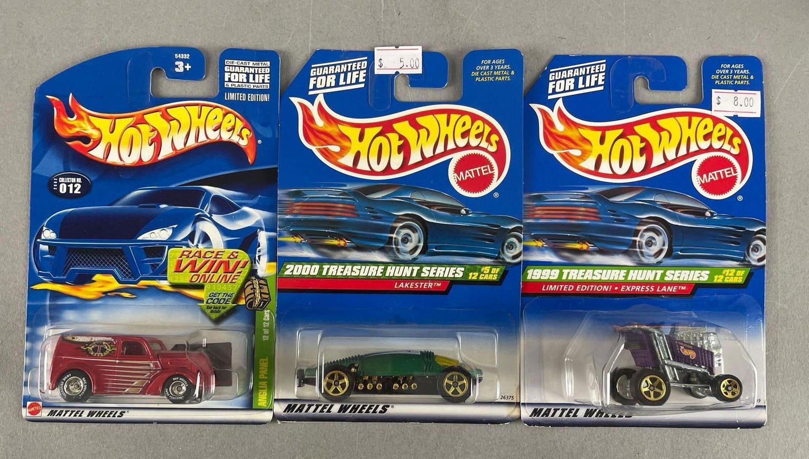 Group of 3 Mattel Hot Wheels Treasure Hunt Die-Cast Vehicles: Includes lakester, LE express lane