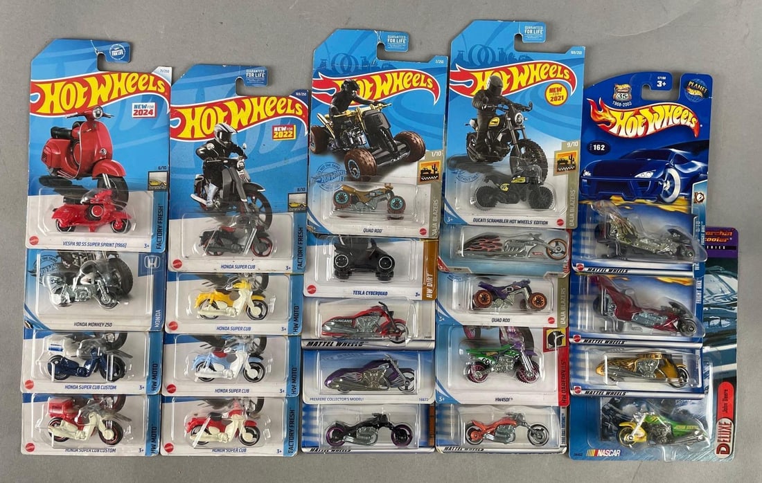 Group of Mattel Hot Wheels Die-Cast Motorcycles: Includes scooters, ATVs