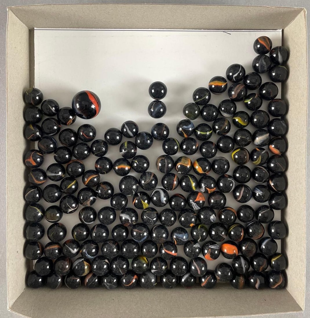 Group of Approximately 150 Vintage Black Glass Marbles: Mint condition, shooter measures 7/8"