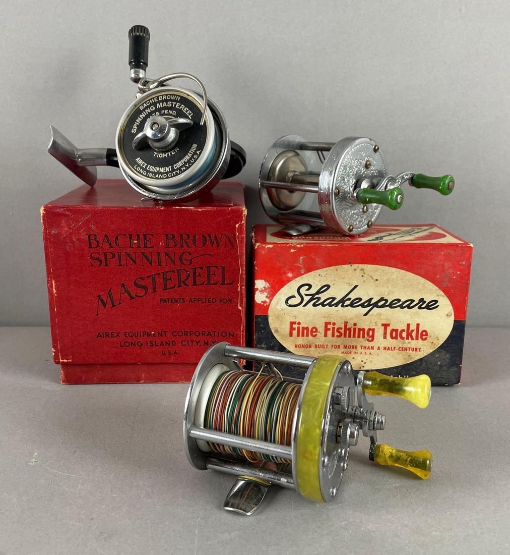 Group of 3 Vintage Fishing Reels: Shakespeare and bache brown have original boxes, includes south bend 1000 F anti backlash