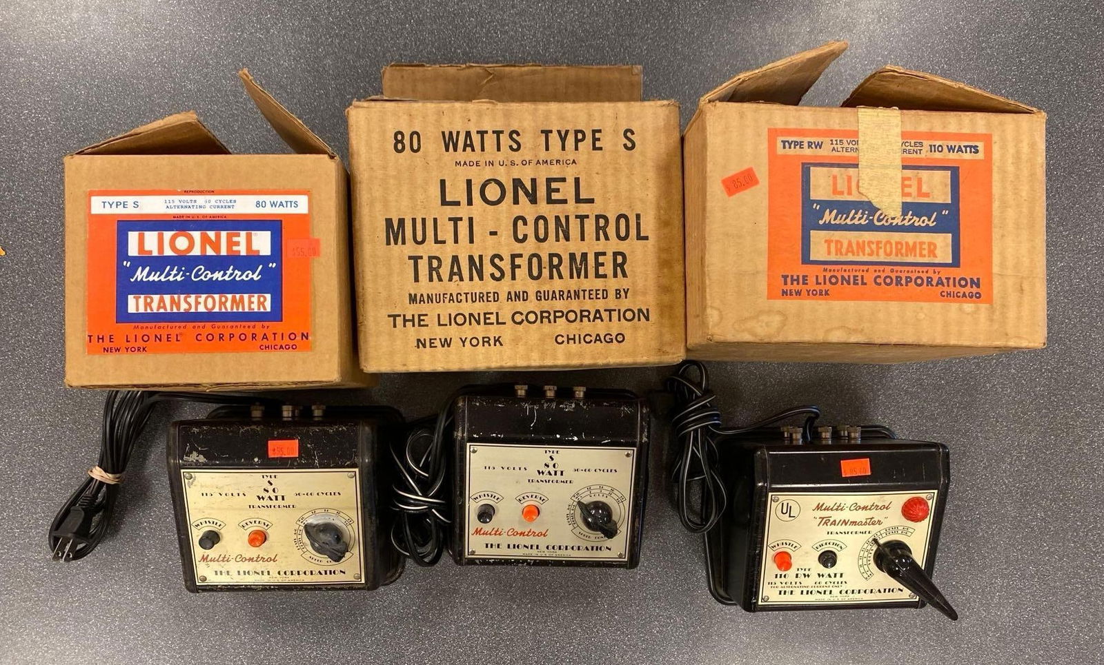 Group of 3 Lionel Multi-Control Transformers: untested in original boxes, largest measures 4” H x 6 1/2” W x 6” D