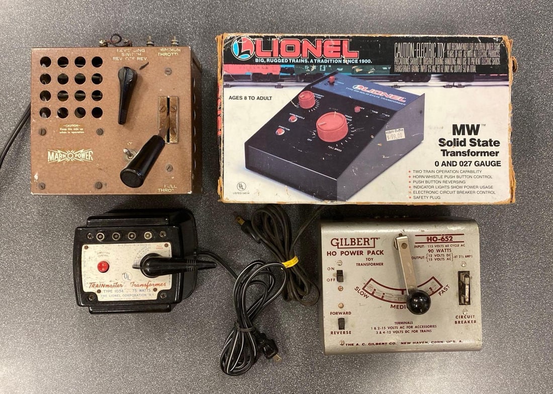Group of 4 Model Train Transformers: Untested, Inclufed Lionel, Gilbert and Marn O Power, largest measures 7” H x 12 1/2” W x 4” D