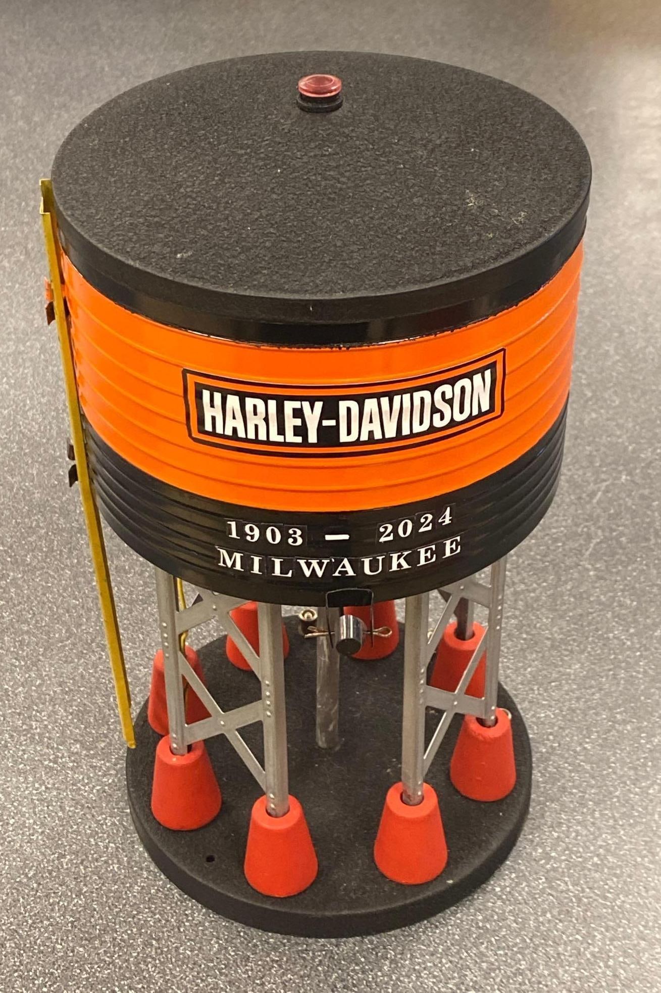2024 Handmade Signed Harley-Davidson Model Train Water Tower: Signed Richard Mack on base, measures 11” H x 6” W x 8 1/2” D