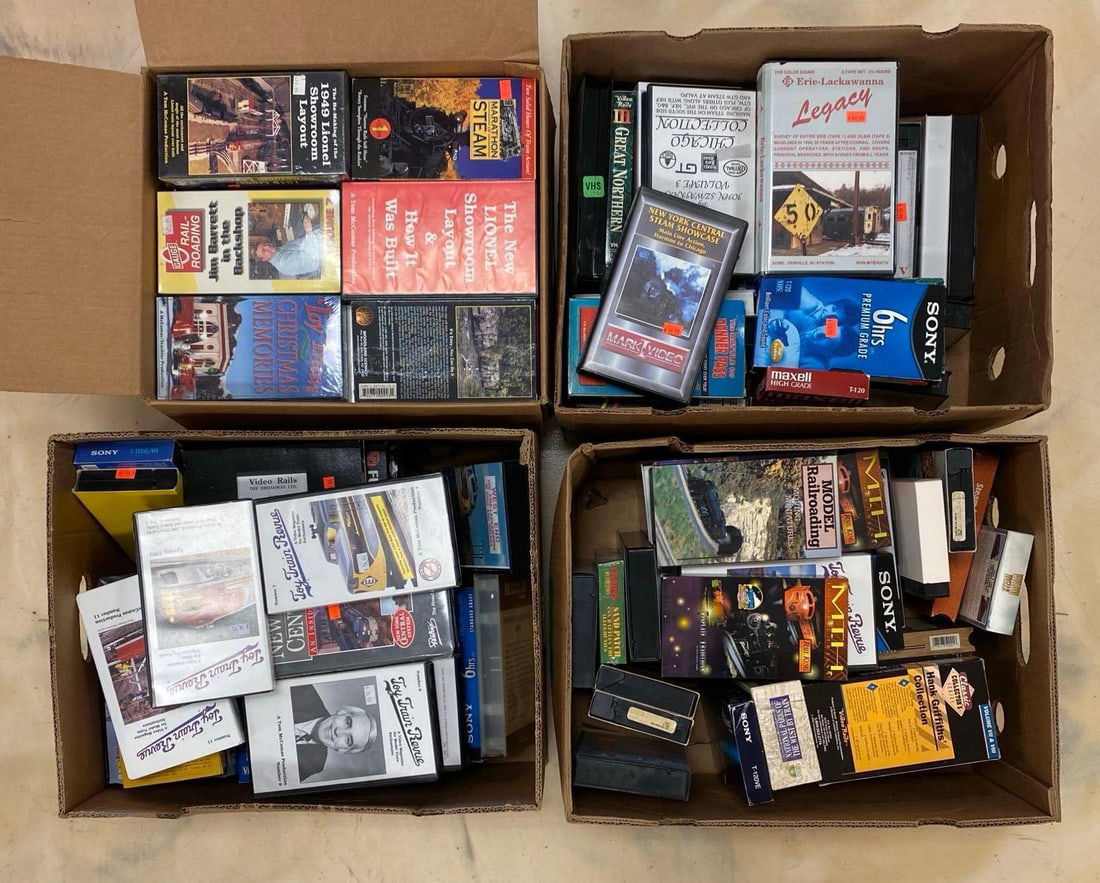 Group of Assorted Train VHS Tapes: Group of Assorted Train VHS Tapes, Untested, largest box measures 15” H x 10” W x 9” D