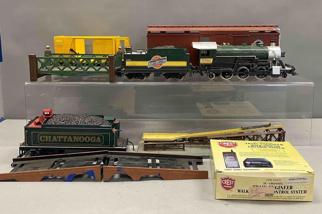 New Bright Toys Chicago and Northern Locomotive and more: Include tender, bridge, and more. Largest item measure H 6 x W 5 x L 18 inches. Stand not included. Untested.