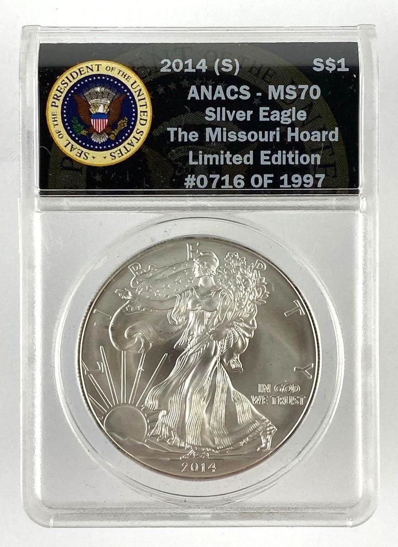 2014 S US 1 Oz American Silver Eagle ANACS Graded MS70: The Missouri Hoard Limited Edition# 0716 of 1997