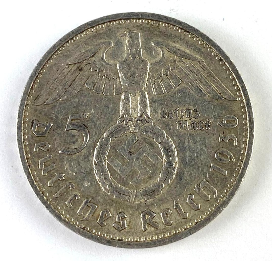 1936 WWII Paul Von Hindenburg 5 Reichsmark Silver Coin: 1936 WWII Paul Von Hindenburg 5 Reichsmark Silver Coin