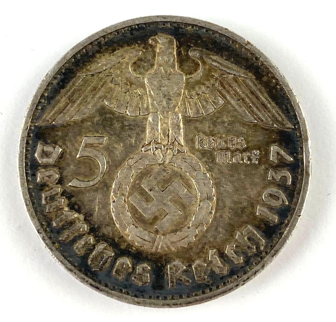1937 WWII Paul Von Hindenburg 5 Reichsmark Silver Coin: 1937 WWII Paul Von Hindenburg 5 Reichsmark Silver Coin