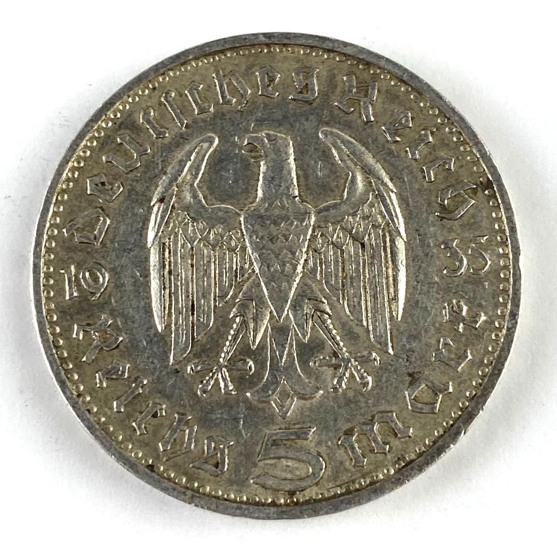 1935 WWII Paul Von Hindenburg 5 Reichsmark Silver Coin: 1935 WWII Paul Von Hindenburg 5 Reichsmark Silver Coin