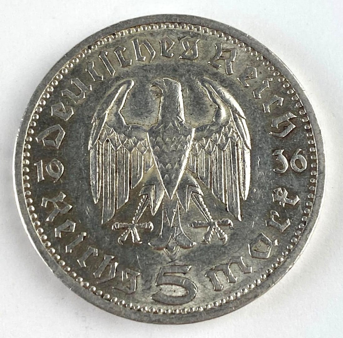 1936 WWII Paul Von Hindenburg 5 Reichsmark Silver Coin: 1936 WWII Paul Von Hindenburg 5 Reichsmark Silver Coin