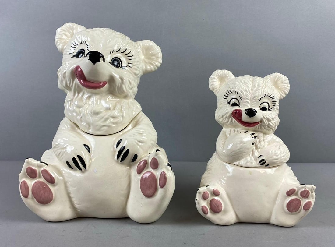 Group of 2 Vintage Gilner Bear Cookie Jars: Mfg by Gliner Potteries Culver City California. Circa 1950s. Tallest measures 12”