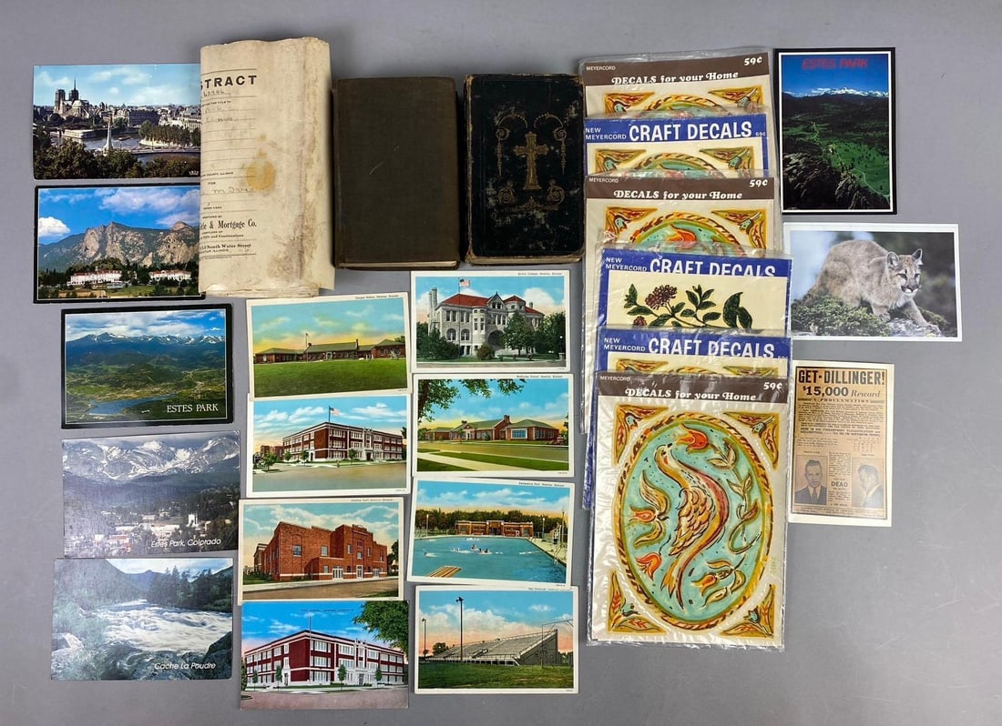 Group of Assorted Post Cards and More: Includes Antique 1863 Manual of the sodality of the bless Virgin Mary, 1844 The Garden of the Soul and more. Largest item measures L 9 x W 6 1/2 inches.