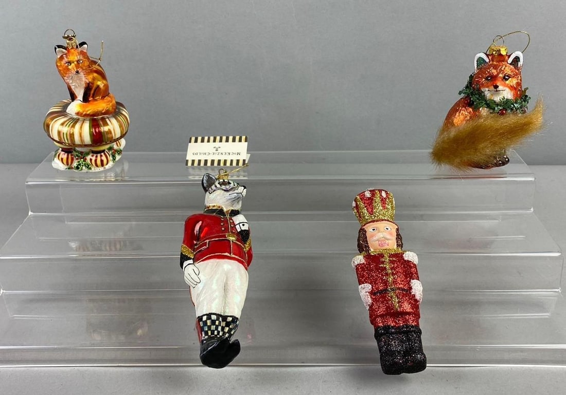 Group of 4 Glass Christmas Ornaments and More: Includes Polish hand painted Fox Nutcracker, Nutcracker, and more. Largest measure 6”. Stand not included.