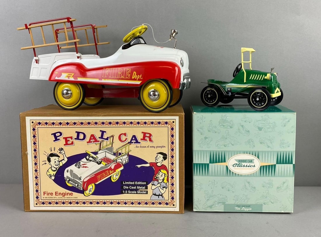 1994 Xonex Fire Engine Pedal Car 1:3 Scale Die Cast Vehicle and More: Includes 1995 Hallmark 1964 Garton “Tin Lizzie”. Largest measures H 7 1/2 x W 6 x L 12 inches.