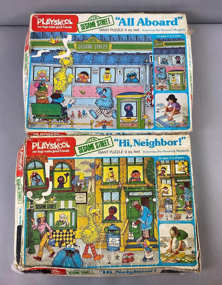 Group of 2 1976 Playskool Sesame Street Puzzles: Includes “All Aboard” and “Hi, Neighbor” unsure on completion. One measures L 16 x W 12 inches. Puzzle measure 9 Square Feet.