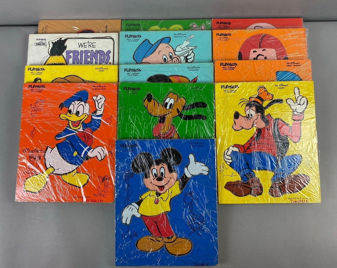 Group of Assorted Playskool Disney Puzzle Boards: Includes Mickey Mouse, Goofy, and more. One measures L 11 1/2 x W 9 1/2 inches.