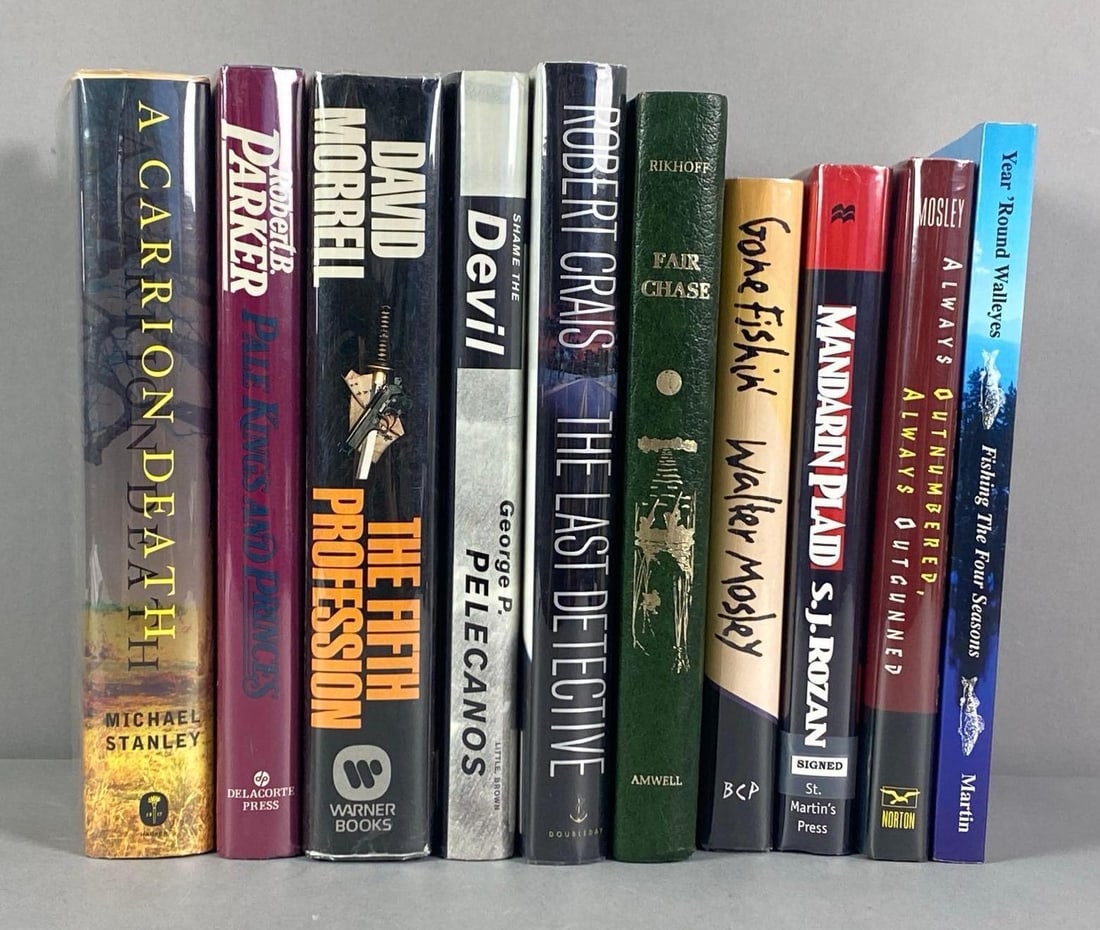 Group of 10 Signed Hardcover Books: No COA, Buying as is, Includes Michael Stanley, SJ Rozan, David morell and more, largest measures 9 1/2” H x 6 1/2” W