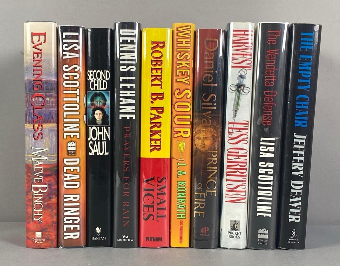 Group of 10 Signed Hardcover Books: No COA, BUYING AS IS, Includes Lisa Scottoline, Daniel silva, Jeffery Deaver and more, largest measures 9 1/2” H x 6 1/2” W
