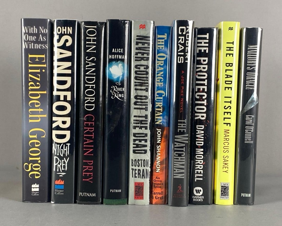 Group of 10 Signed Hardcover Books: NO COA, BUYING AS IS, Includes Marcus sakey, David morrell, robert Crais and more, largest 9 1/2” H x 6 1/2” W