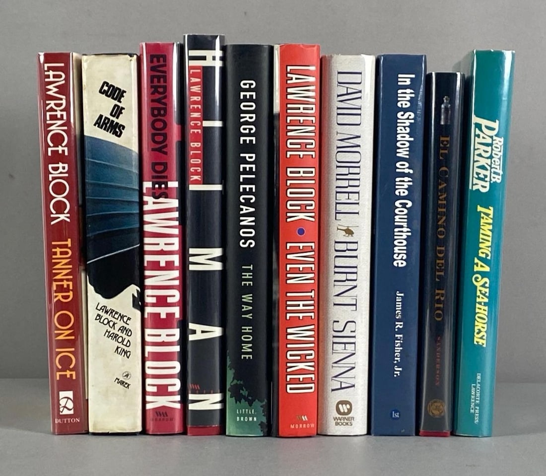 Group of 10 Signed Hardcover Books: NO COA, BUYING AS IS, Includes Lawerence block, George pelecanos, David Morrell and more, largest measures 9 1/2” H x 6 3/4” W