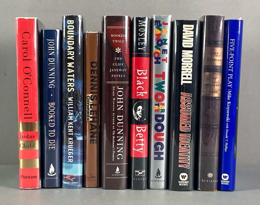 Group of 10 Signed Hardcover Books: NO COA, BUYING AS IS, includes David morrell, Janet Evanovich, John dunning and more, largest measures 9 1/2” H x 6 1/2” W