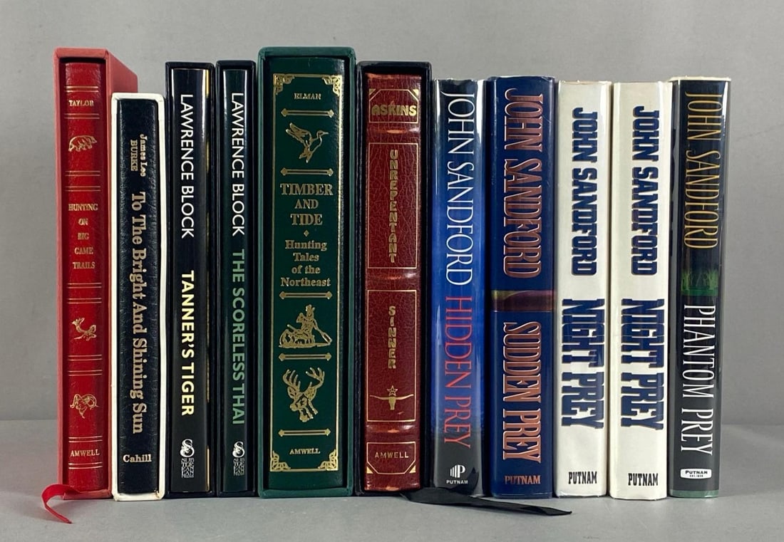 Group of 11 Signed Hardcover Books: NO COA, BUYING AS IS, includes John sandford, Lawerence block, James Lee Burke and more, largest measures 10” H x 7” W