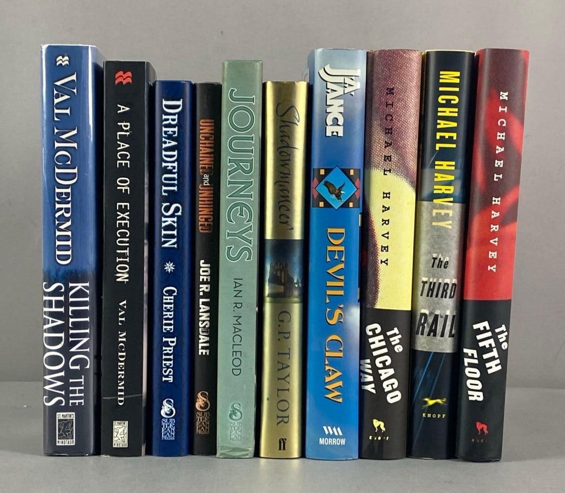 Group of 10 Signed Books: NO COA, BUYING AS IS, includes Michael Harvey, Val McDermid, Cherie Priest and more, largest measures 9 1/2” H x 6 1/2” W