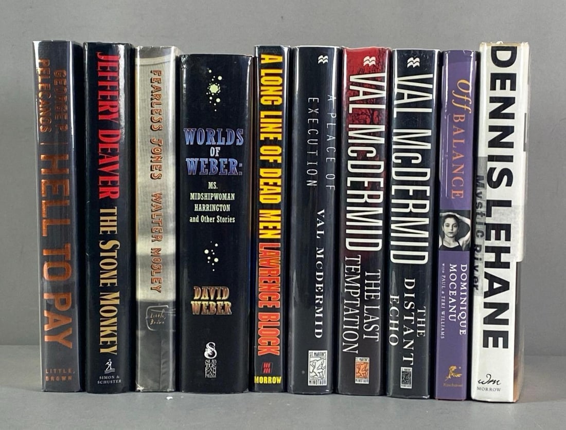 Group of 10 Signed Hardcover Books: NO COA, BUYING AS IS, includes Dennis lahane, Val McDermid, David Weber and more, largest measures 9 1/2” H x 6 1/2” W