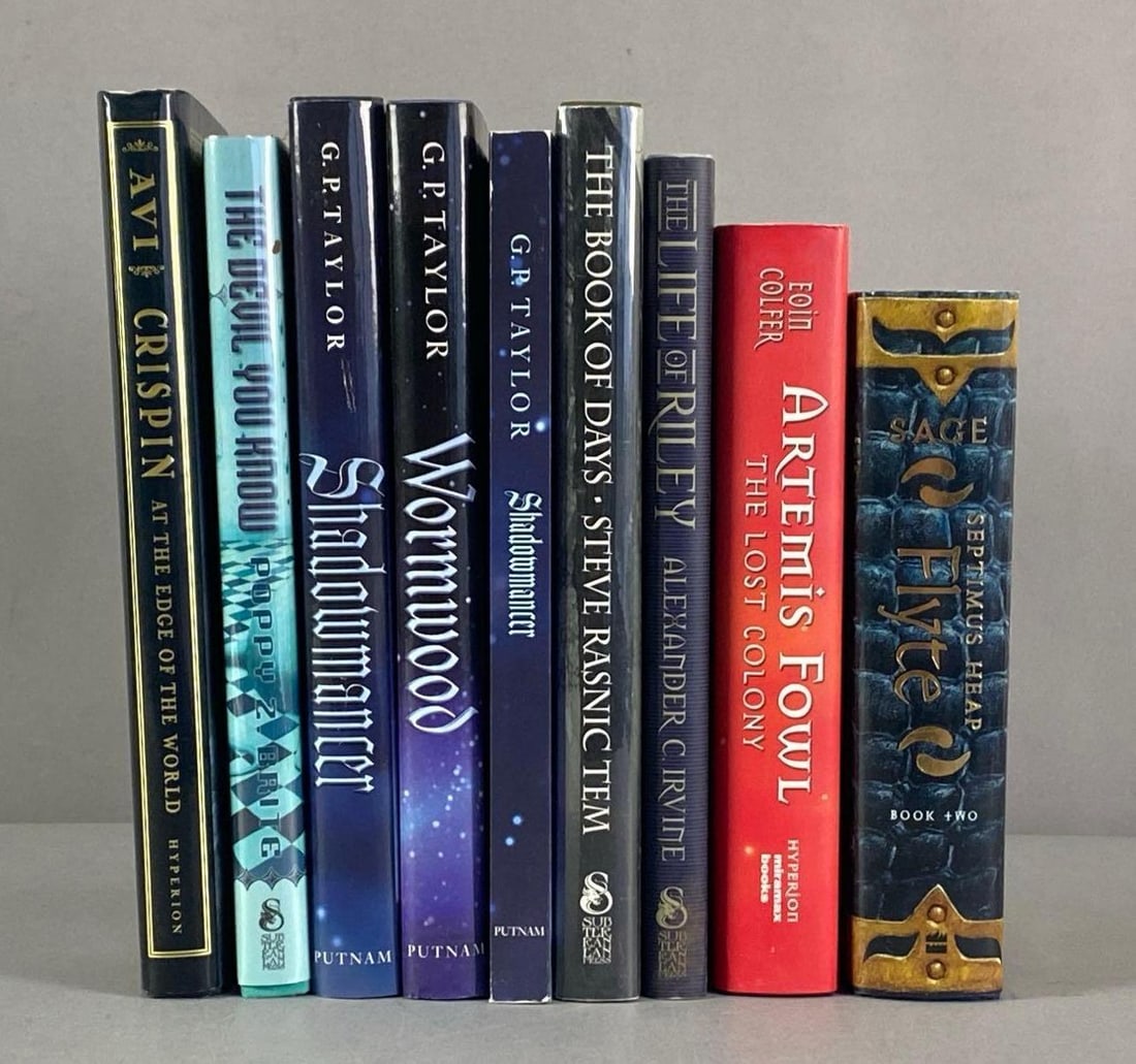 Group of 9 Signed Books: NO COA, BUYING AS IS, includes Artemis fowl, Avi Crispin, GP Taylor and more, largest measures 9 1/4” H x 6 1/4” W