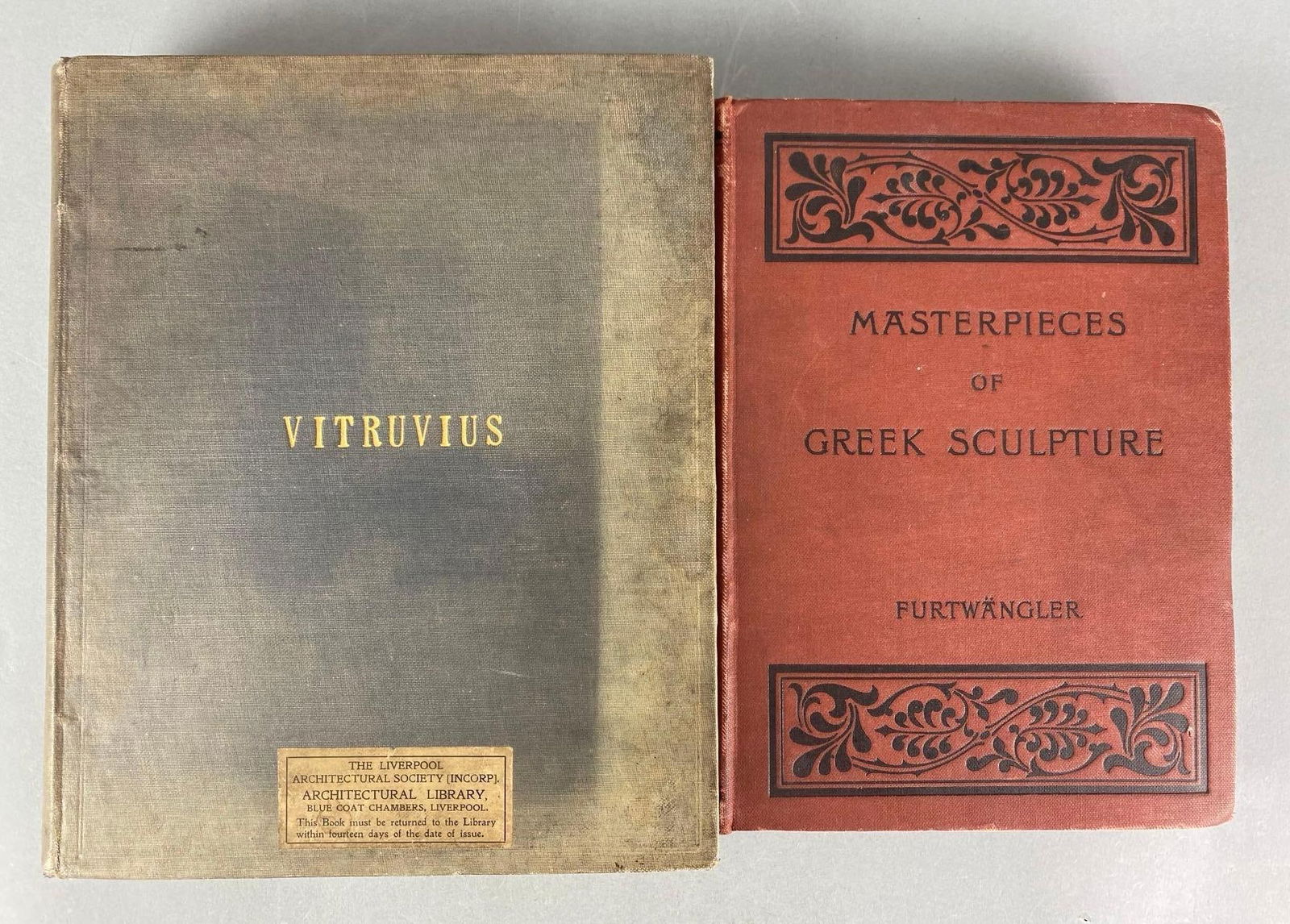 Group of 2 Antique Roman and Greek Hardcover Books: Includes 1812 The Civil Architecture of Vitruvius and 1895 Masterpieces of Greek Sculpture, largest measures 13 3/4” H x 11 1/4” W