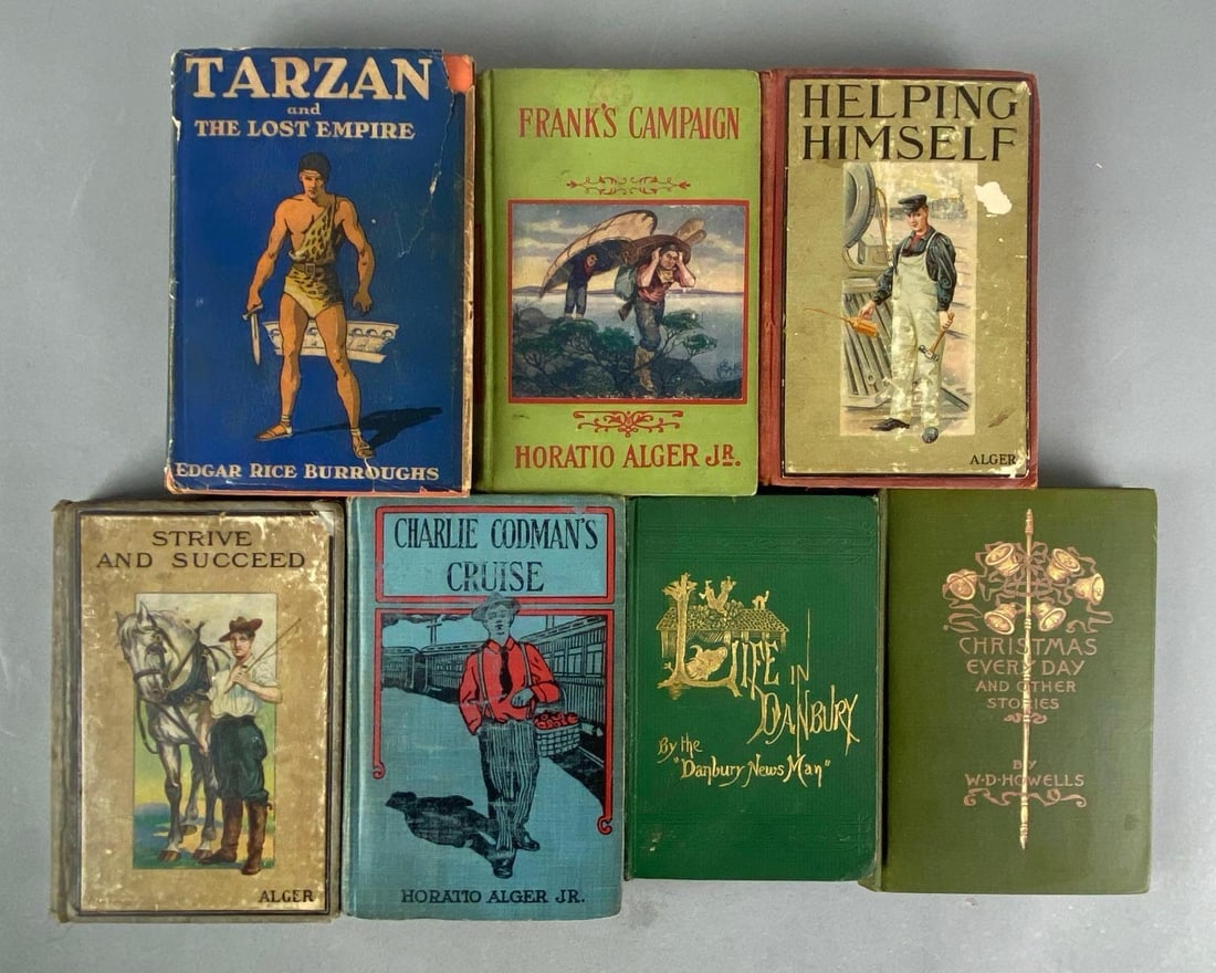 Group of 7 Antique Hardcover Books: includes Tarzan and the lost empire, Franks campaign, Life in Danbury and more, largest measures 7 1/2” H x 5” W