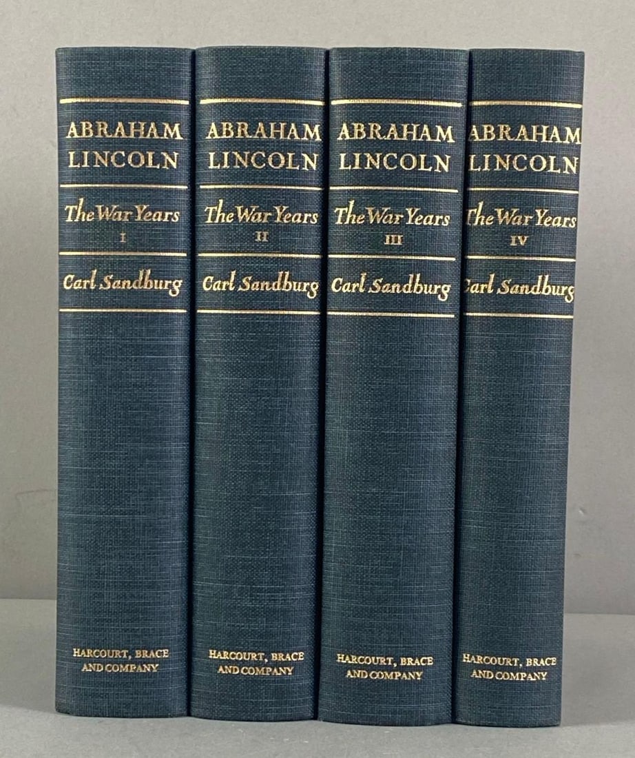 1939 4 Volume Set of Abraham Lincoln The War Years Hardcover Books: Author - Carl Sandburg, Publisher - Harcourt, Brace and Co., each measures 9 1/2” H x 6 1/2” W