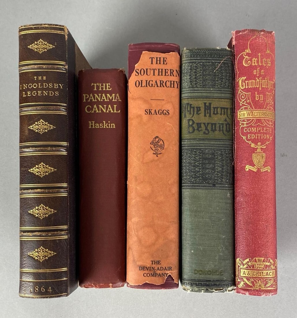 Group of 5 Antique Hardcover Books: Includes The Home Beyond, the southern oligarchy, the Panama Canal and more, largest measures 9 1/2” H x 7” W