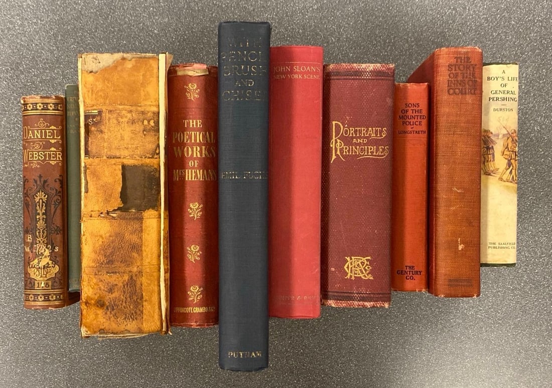 Group of Vintage Hardcover Books: Includes Portraits and Principles, sons of the mounted police, Daniel Webster and more, largest measures 11” H x 8 1/2” W