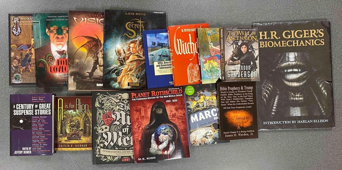 Group of Assorted Fiction Books: Includes Bible prophecy and trump, A is for alien, visions and more, largest measures 17” H x 12” W
