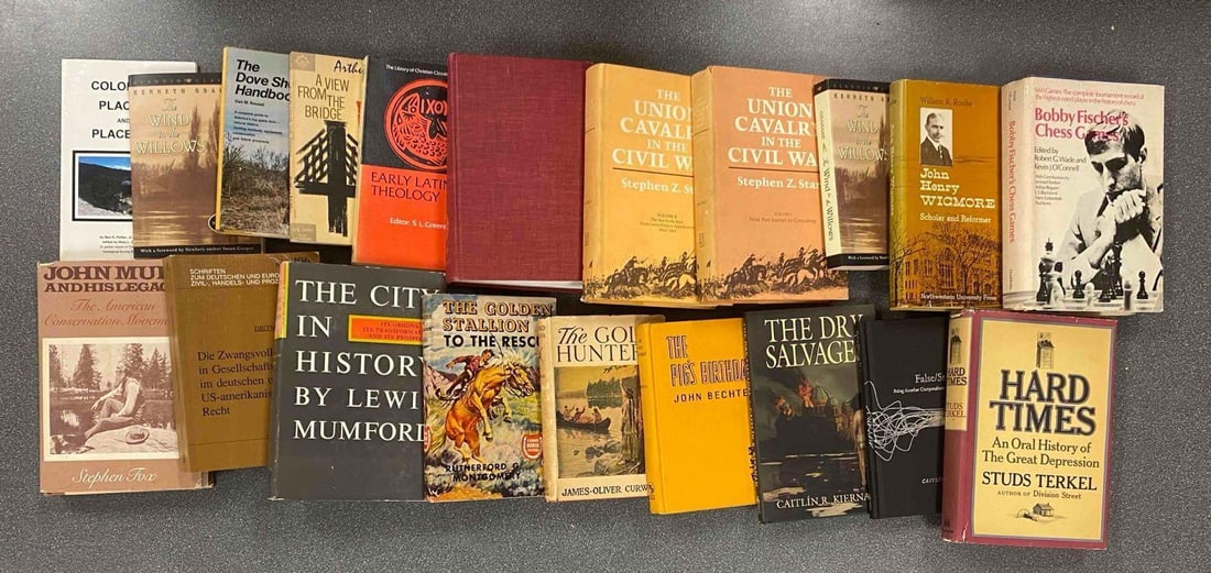 Group of Assorted Books: Includes the wind in the willows, a view from the bridge, the dry salvage and more, largest measures 10” H x 7” W x 3” D