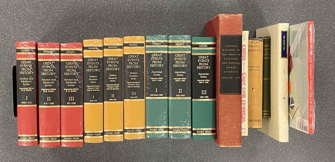 Group of Assorted Historical Books and More: Includes Vol 1-3 of Ancient and medieval History, modern European history, Charlie and the great glass elevator and more, largest measures 11 1/2” H x 7 3/4” W