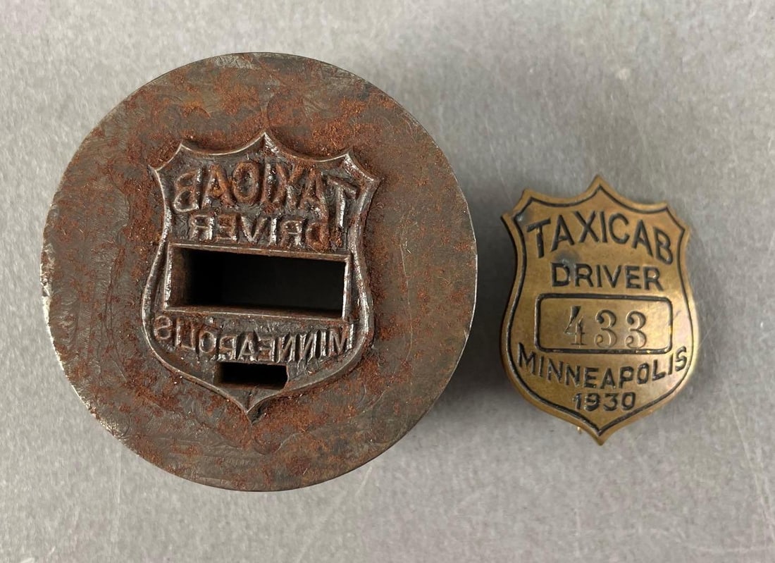 1930 Minneapolis Taxicab Driver Badge with Matching Die: Brass badge, die measures 7/8" x 2"