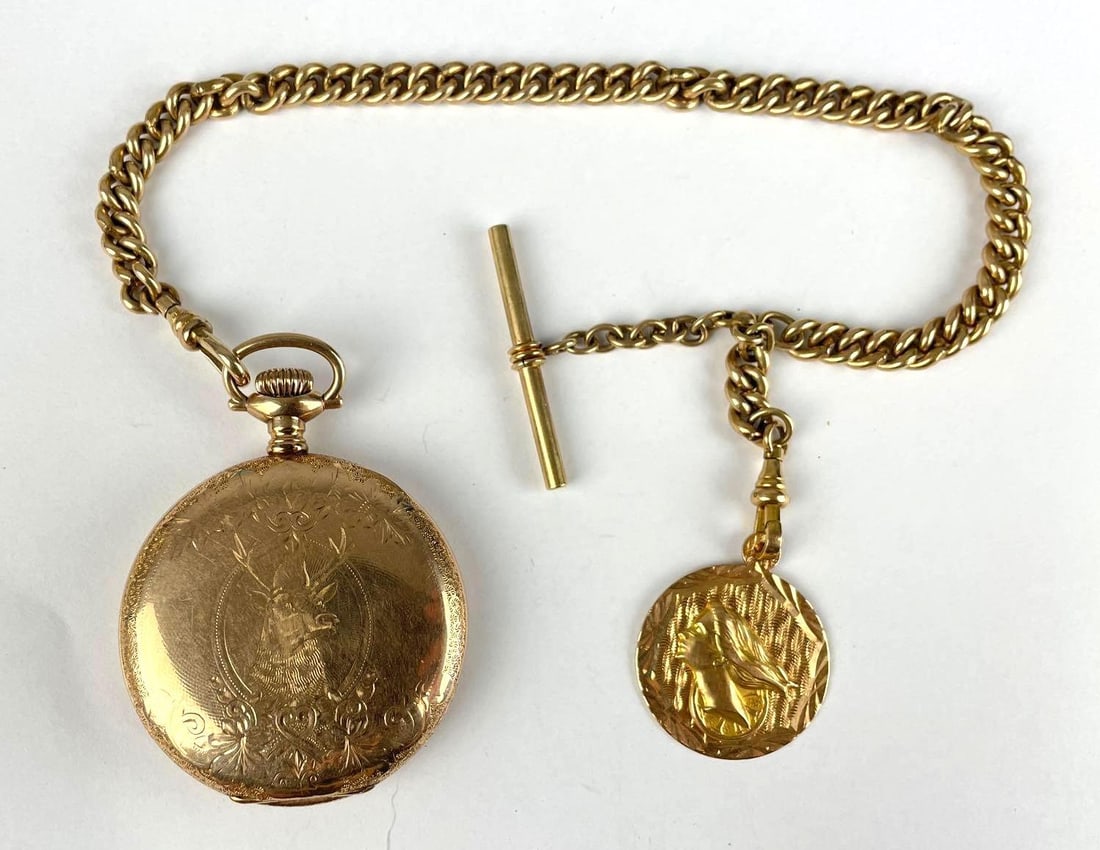 Waltham Gold Filled Pocket Watch with 18K Gold Pendant: 17 Jewel, working condition, 10k gold filled chain, 750 on pendant, 5.5g