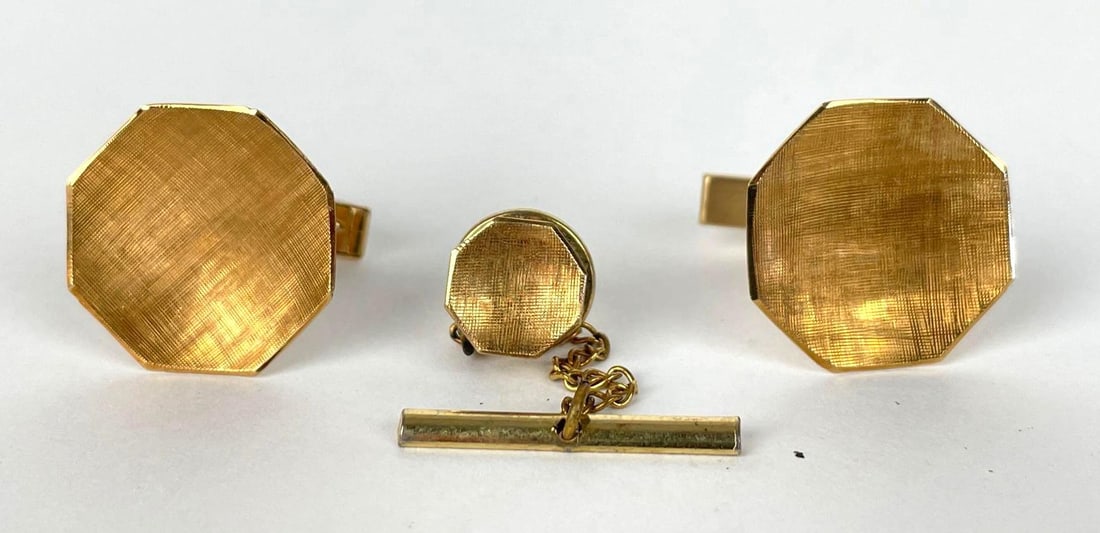 14K Gold Cufflinks with Matching Tie Tack: Stamped on backs, 10g total weight