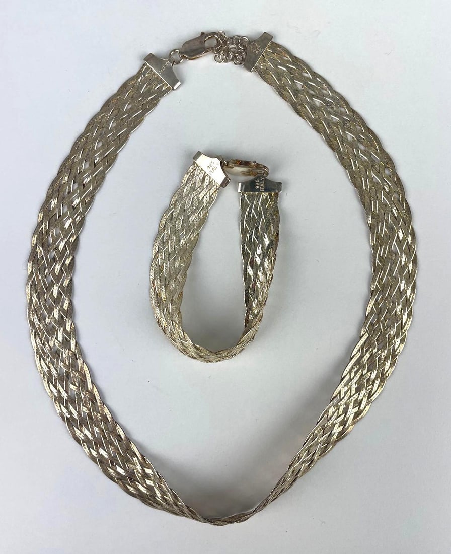 Italian Sterling Silver Herringbone Necklace and Bracelet Set: .925 Sterling, necklace measures 17"