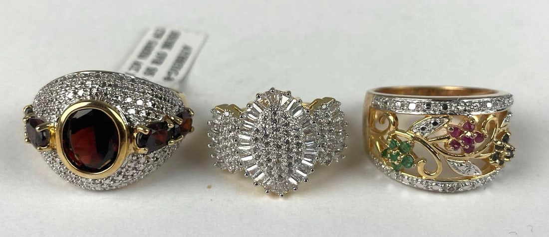 Group of 18k Gold Plated Sterling Silver Costume Jewelry Rings: CZ, sizes 6 1/2 - 8