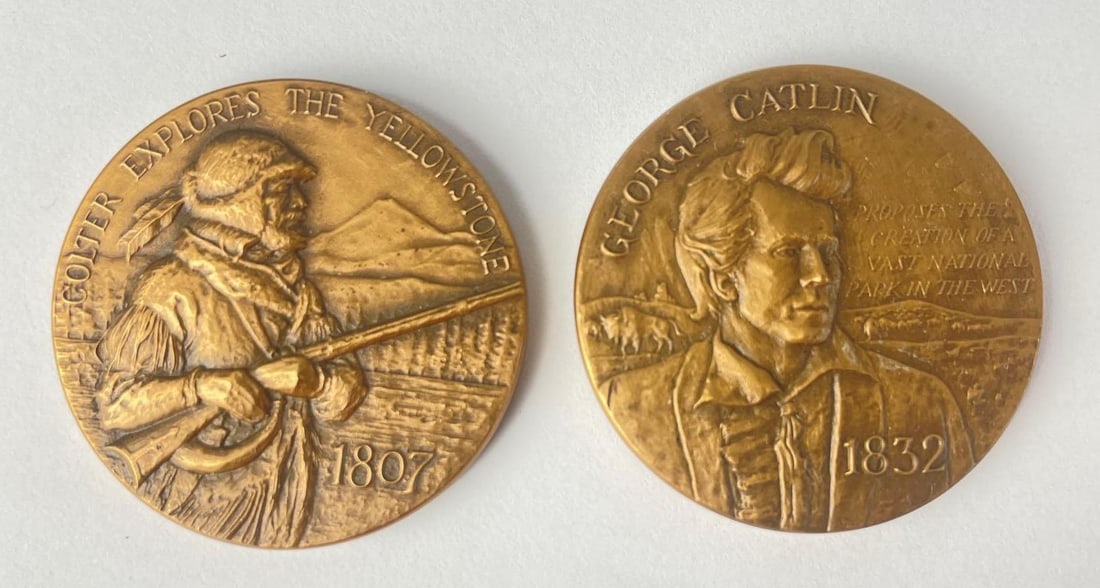 Group of 2 Medallic Art Co. 1972 Bronze Yellowstone Centennial Medallions: George catlin, colter, original boxes, 1 1/2"