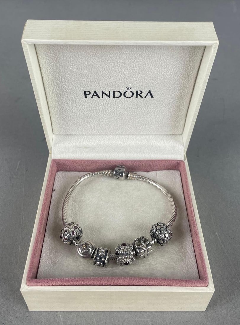 Pandora Sterling Silver Charm Bracelet with Charms: .925, 7 1/2" long, original box